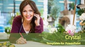  Presentation with mobile and paper - PPT theme having portrait of happy female florist background and a tawny brown colored foreground