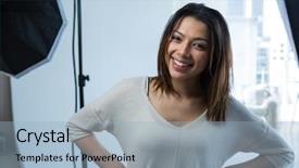  Presentation with portrait of excited overjoyed female - PPT theme featuring portrait of happy female photographer background and a  colored foreground