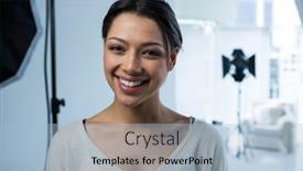  Presentation with female - Presentation theme enhanced with portrait-of-happy-female-photographer background and a light blue colored foreground