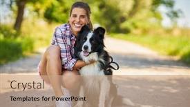  Presentation with pet - Amazing presentation theme having portrait-of-happy-female-strolling backdrop and a coral colored foreground