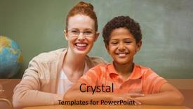  Presentation with teacher - PPT layouts with portrait of happy female teacher background and a  colored foreground