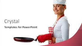 Presentation with isolation - Colorful slide deck enhanced with portrait of happy female with frying pan looking at camera in isolation backdrop and a white colored foreground