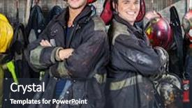  Presentation with fire station - Amazing PPT theme having portrait of happy firefighters standing arms crossed at fire station backdrop and a dark gray colored foreground