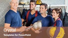  Presentation with fire station - Amazing PPT theme having portrait of happy fireman standing backdrop and a coral colored foreground