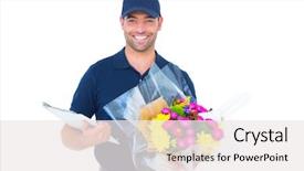  Presentation with logistics fleet of delivery vehicles - Amazing slide deck having portrait of happy flower delivery backdrop and a white colored foreground