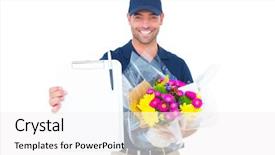  Presentation with flower - Theme featuring portrait of happy flower delivery man showing clipboard on white background background and a white colored foreground