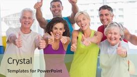  Presentation with happy sad adoption custody - Colorful PPT theme enhanced with portrait of happy friends gesturing thumbs up in fitness club backdrop and a yellow colored foreground