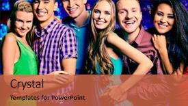  Presentation with camera - Cool new slides with portrait of happy friends looking backdrop and a  colored foreground