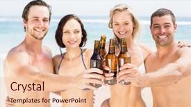  Presentation with beer garden friends in tracht - Beautiful slide deck featuring portrait of happy friends toasting beer bottles on the beach on a sunny day backdrop and a lemonade colored foreground