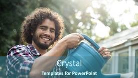  Presentation with greenhouse - Beautiful presentation featuring portrait of happy gardener watering outside greenhouse backdrop and a ocean colored foreground