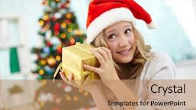  Presentation with girl christmas - Presentation having gifted ideas - portrait of happy girl holding background and a coral colored foreground