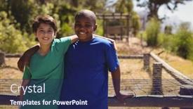  Presentation with obstacle course - Slides consisting of portrait of happy girl standing with arms crossed in boot camp during obstacle course background and a navy blue colored foreground