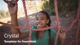  Presentation with obstacle course - Audience pleasing presentation consisting of portrait of happy girl standing near net during obstacle course in boot camp backdrop and a tawny brown colored foreground
