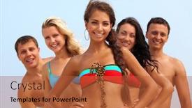  Presentation with camera - Cool new slides with portrait of happy girl in bikini looking at camera with friends behind backdrop and a red colored foreground