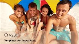  Presentation with under umbrella - Slides enhanced with portrait of happy girls and guys sitting on sand under umbrella on summer vacation background and a coral colored foreground