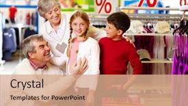  Presentation with grandparents - Theme featuring portrait of happy grandparents and grandchildren in clothing department background and a coral colored foreground