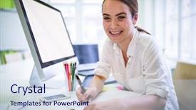  Presentation with creative writing - PPT theme enhanced with portrait of happy graphic designer writing on book at desk in creative office background and a sky blue colored foreground