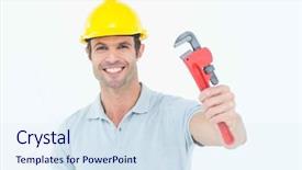  Presentation with handyman - PPT theme consisting of portrait of happy handyman holding monkey wrench over white background background and a sky blue colored foreground