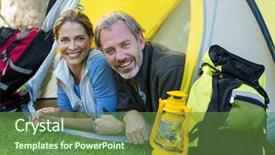  Presentation with tent - Presentation design enhanced with portrait of happy hiker couple in tent background and a tawny brown colored foreground