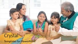  Presentation with portrait happy family smiling - Colorful PPT theme enhanced with portrait of happy indian family backdrop and a  colored foreground