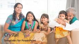  Presentation with portrait of indian macaque monkey - Theme with portrait of happy indian family background and a  colored foreground