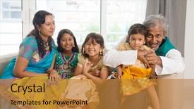  Presentation with portrait of indian macaque monkey - Theme enhanced with portrait of happy indian family background and a  colored foreground