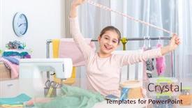  Presentation with tape measure - PPT theme having educational measurement - portrait of happy little girl background and a lemonade colored foreground