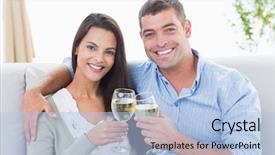  Presentation with toasting - Theme having portrait of happy loving couple toasting wine glasses at home background and a light blue colored foreground