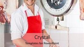  Presentation with weighing scale - Audience pleasing presentation theme consisting of portrait of happy male butcher weighing meat on scale at counter in butchery backdrop and a lemonade colored foreground