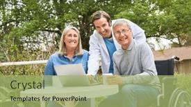  Presentation with home garden - PPT theme consisting of portrait-of-happy-male-caregiver background and a mint green colored foreground