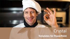  Presentation with commercial - Amazing slide deck having portrait of happy male chef showing ok sign in commercial sign backdrop and a coral colored foreground
