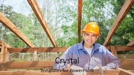  Presentation with happy anniversay work - Colorful slide set enhanced with portrait of happy male construction backdrop and a coral colored foreground