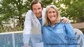  Presentation with home garden - PPT theme having portrait-of-happy-male-doctor background and a teal colored foreground