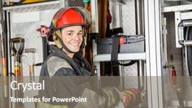  Presentation with fire station - Beautiful slide set featuring portrait of happy male firefighter backdrop and a gray colored foreground