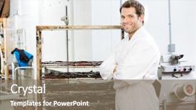  Presentation with beef jerky - Beautiful PPT theme featuring food biltong - portrait of happy male worker backdrop and a violet colored foreground