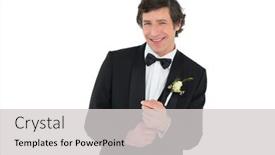  Presentation with wedding white - Colorful presentation enhanced with portrait of happy man adjusting cuff links before wedding over white background backdrop and a light gray colored foreground