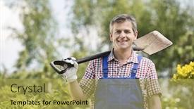 Presentation with nursery plant - Beautiful slide deck featuring portrait of happy man carrying spade on shoulder in plant nursery backdrop and a yellow colored foreground