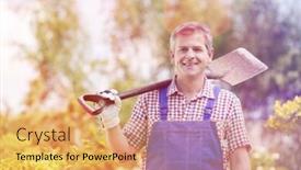  Presentation with nursery plant - Cool new PPT layouts with portrait of happy man carrying spade on shoulder in plant nursery backdrop and a yellow colored foreground