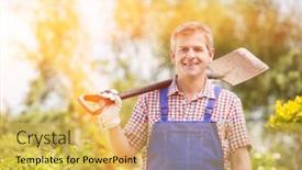  Presentation with nursery plant - Colorful PPT theme enhanced with portrait of happy man carrying spade on shoulder in plant nursery backdrop and a yellow colored foreground