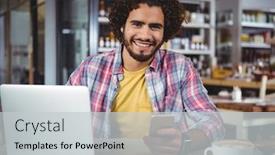  Presentation with cafeteria - Cool new presentation with portrait of happy man holding mobile phone in cafeteria backdrop and a light gray colored foreground
