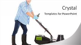  Presentation with lawn maintenance - Slide set having portrait of happy man mowing background and a white colored foreground