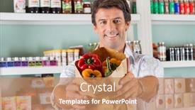  Presentation with grocery bag - PPT theme featuring portrait-of-happy-man-showing background and a coral colored foreground