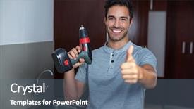  Presentation with cordless - Colorful theme enhanced with portrait of happy man showing thumbs up while holding cordless hand drill at home backdrop and a ocean colored foreground
