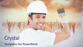  Presentation with shining - Colorful presentation design enhanced with portrait of happy man using paintbrush against sun shining over city backdrop and a sky blue colored foreground