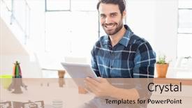  Presentation with using digital tablet - Presentation having portrait of happy man using background and a  colored foreground