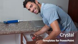  Presentation with cordless - Colorful PPT layouts enhanced with portrait of happy man using cordless hand drill at home backdrop and a tawny brown colored foreground