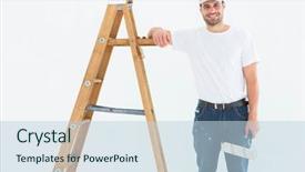  Presentation with paint roller - PPT layouts consisting of portrait of happy man with paint roller standing by ladder on white background background and a lemonade colored foreground