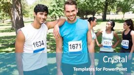  Presentation with runners - Slide set with portrait of happy marathon runners background and a teal colored foreground