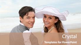  Presentation with married couple - PPT theme having portrait of happy married couple at the beach background and a coral colored foreground