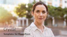  Presentation with city street - PPT layouts enhanced with portrait-of-happy-mature-businesswoman background and a coral colored foreground